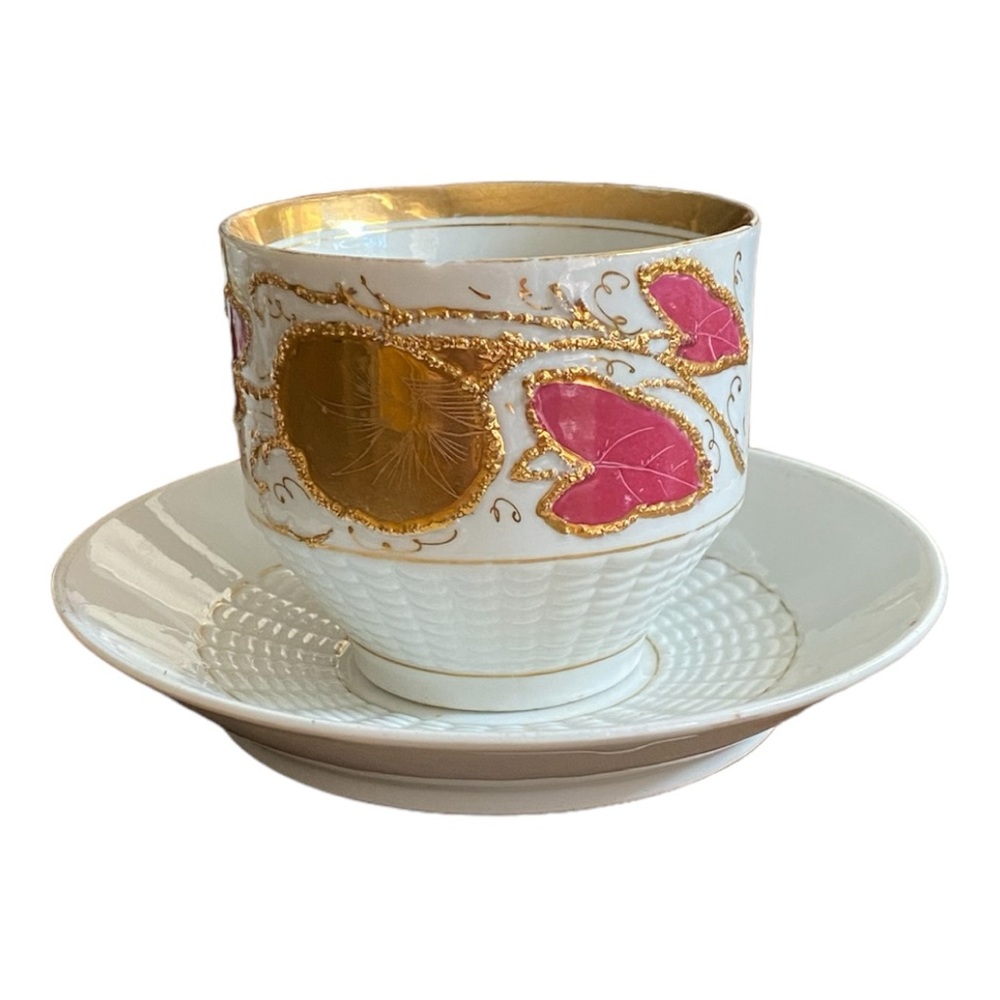 Vintage Moriage Porcelain Coffee Cup Saucer Pink Ivy Heavy Gold